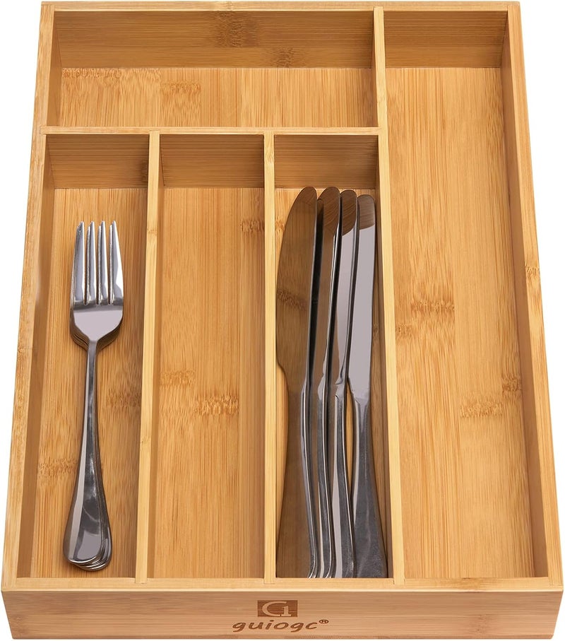 guiogc Kitchen Bamboo Silverware Drawer Organizer，Silverware Organizer and Cutlery Tray with Grooved Drawer Dividers for Silverware, Knives in Kitchen, Bedroom (5 Slot-Natural) - Image 3